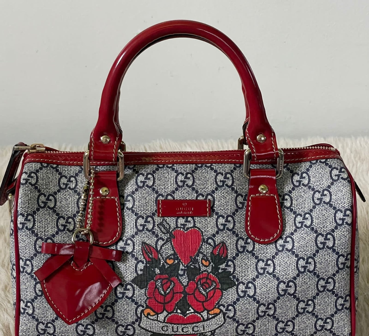 GG Red Coated Canvas Tattoo Heart Joy Boston Bag