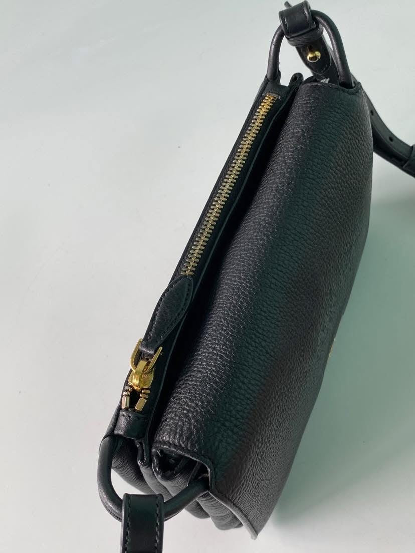 Black Vitello Daino Leather Flap Crossbody Bag with 3 compartments