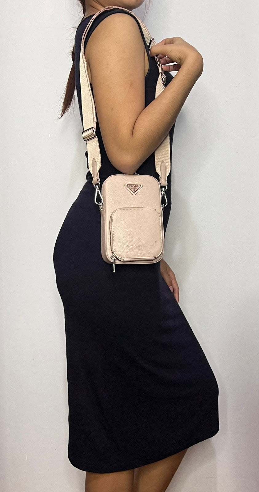 PRADA Mini Ninfea pink leather Saffiano Bag with chain & wide logo strap 1BH183