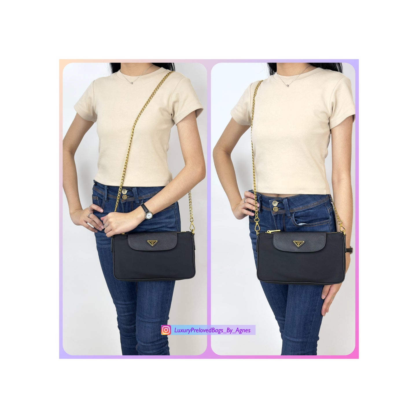 Prada Black Tessuto Nylon Saffiano Chain Crossbody Bag