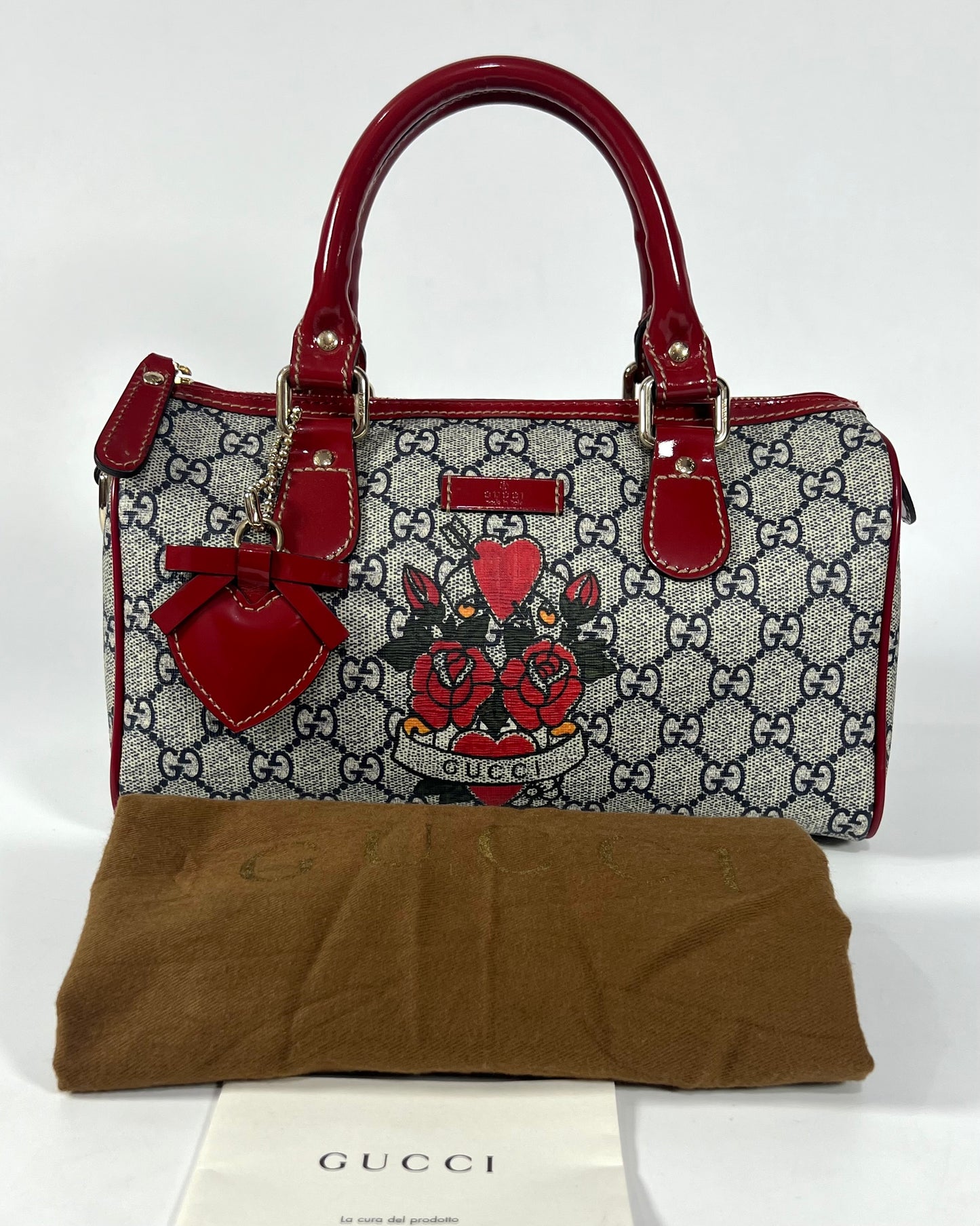 GG Red Coated Canvas Tattoo Heart Joy Boston Bag