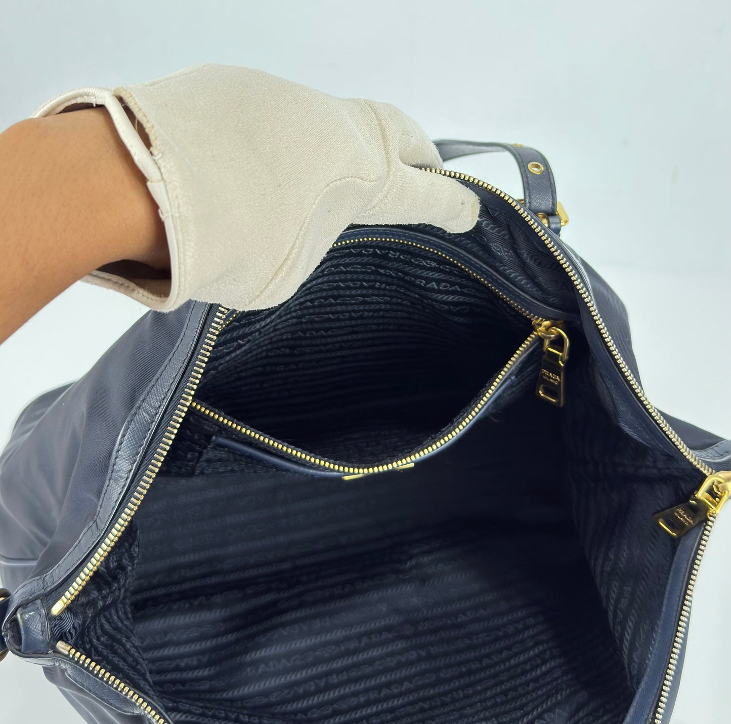 Prada Navy Blue Tessuto Nylon And Saffiano Leather Tote Bag