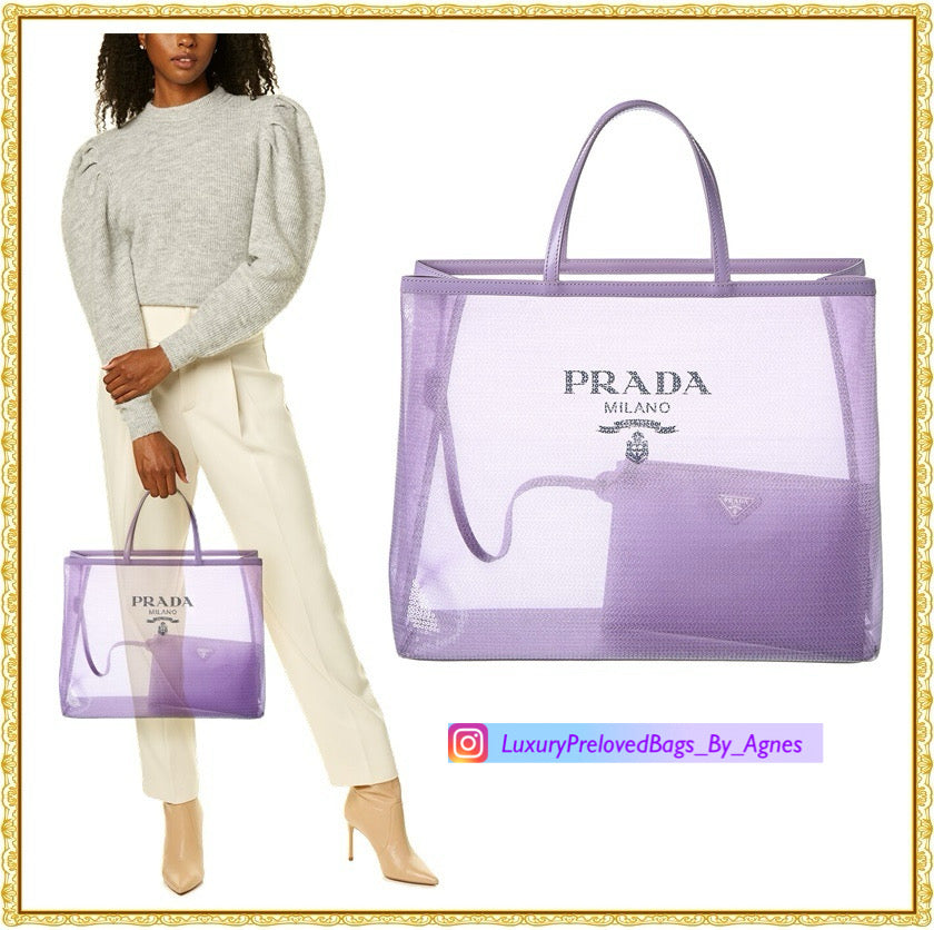 Prada Mesh Paillettes Spazzolato Logo Shopping Tote Lilium