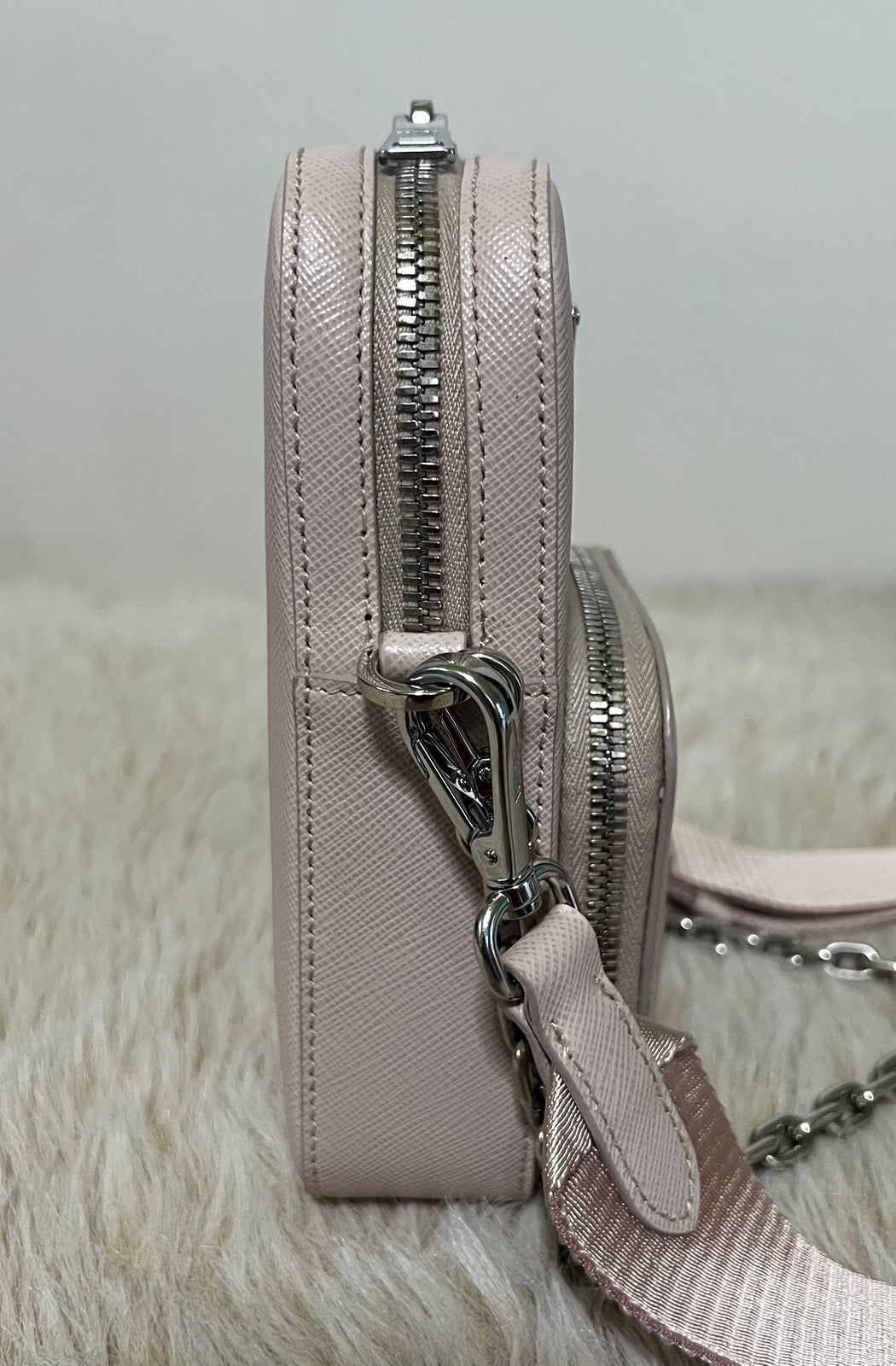PRADA Mini Ninfea pink leather Saffiano Bag with chain & wide logo strap 1BH183