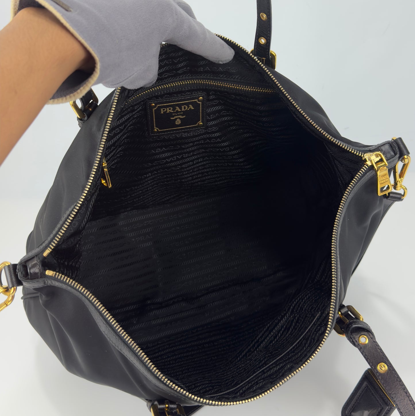 Prada Black Tessuto Nylon And Saffiano Leather Tote Bag