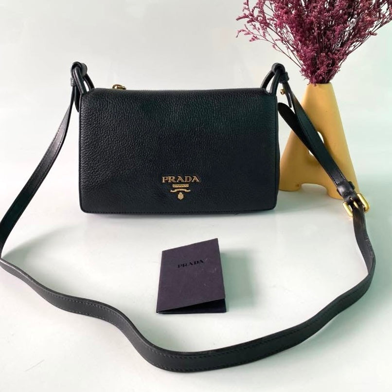Black Vitello Daino Leather Flap Crossbody Bag with 3 compartments