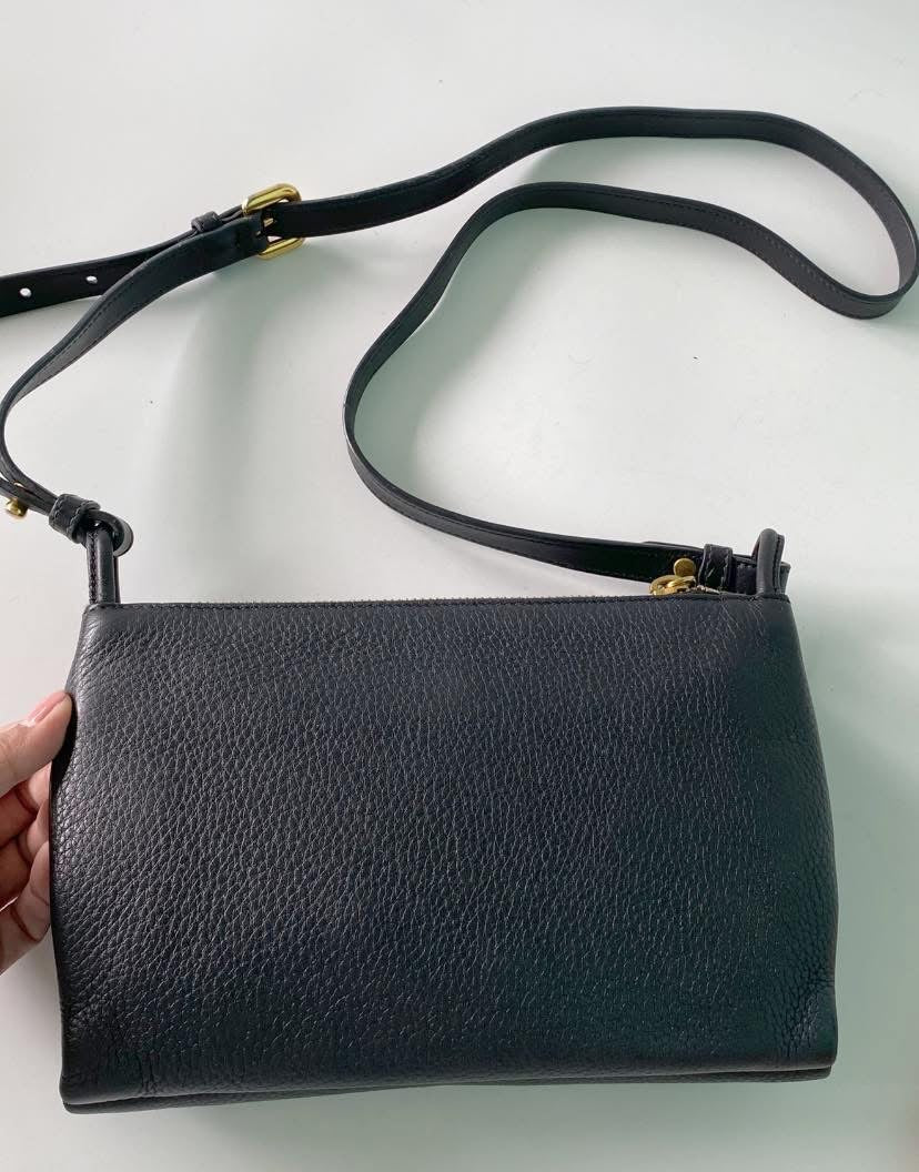 Black Vitello Daino Leather Flap Crossbody Bag with 3 compartments