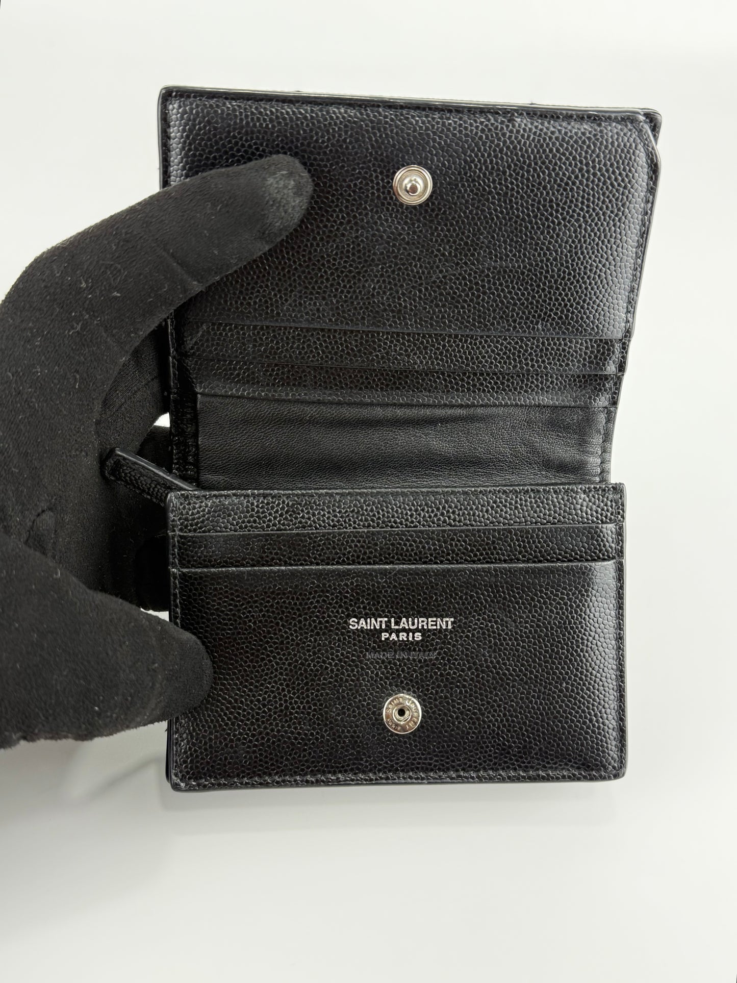YSL BLACK GRAIN DE POUDRE MONOGRAM BIFOLD WALLET CARD CASE