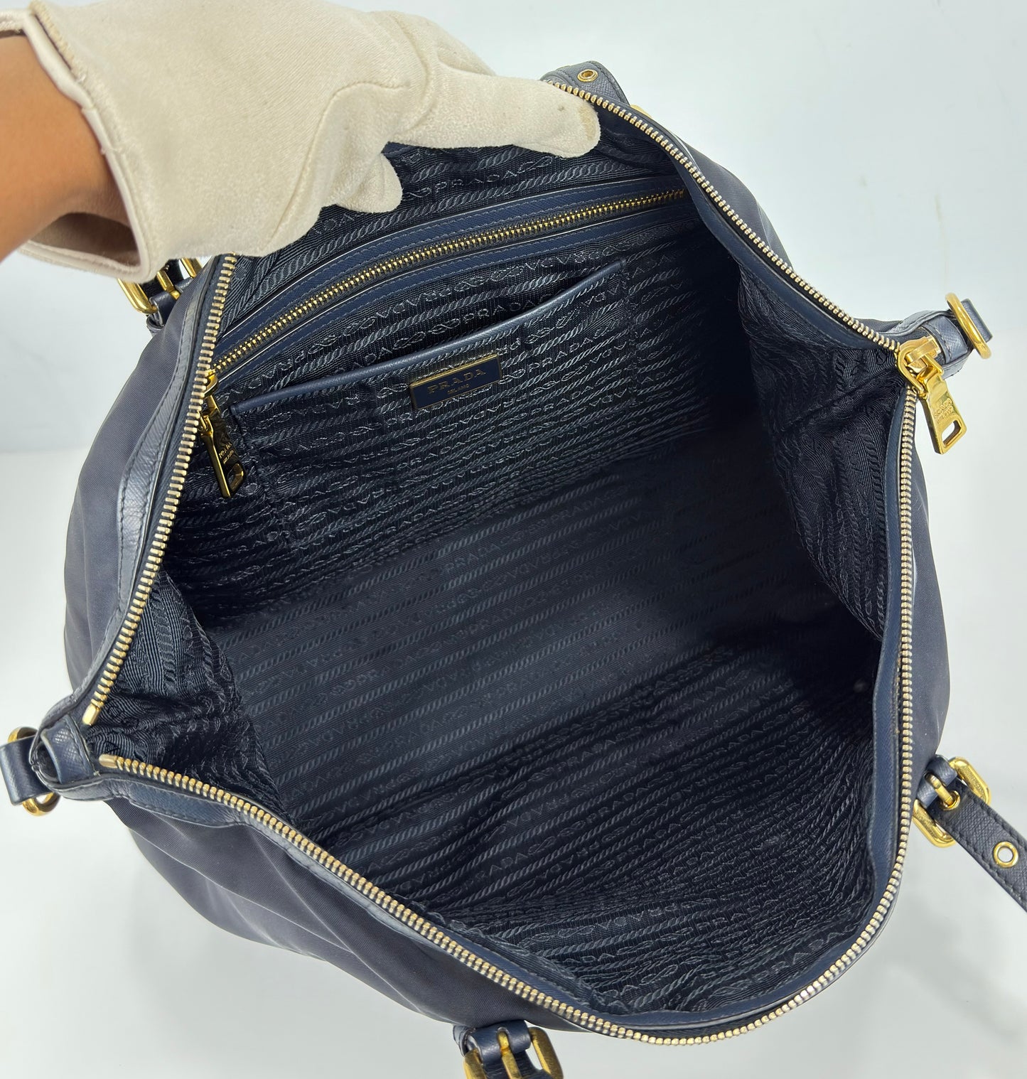 Prada Navy Blue Tessuto Nylon And Saffiano Leather Tote Bag