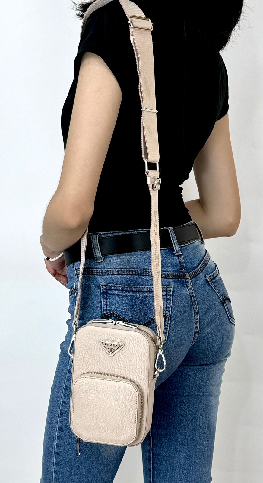 PRADA Mini Ninfea pink leather Saffiano Bag with chain & wide logo strap 1BH183