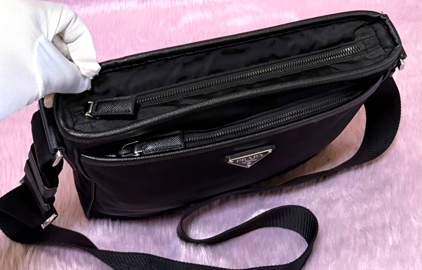 Prada Saffiano Black Tessuto Nylon Shoulder Bag