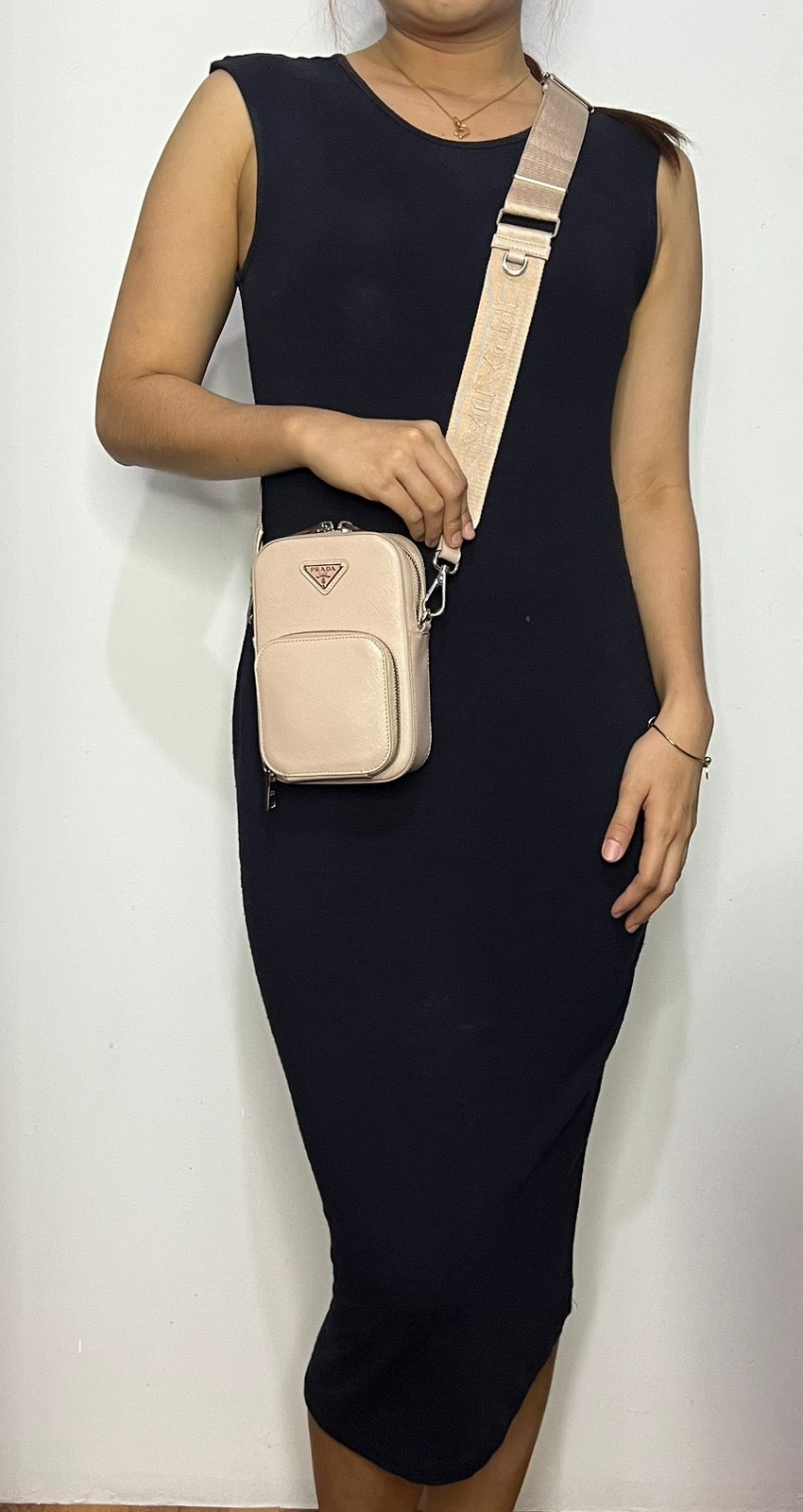 PRADA Mini Ninfea pink leather Saffiano Bag with chain & wide logo strap 1BH183