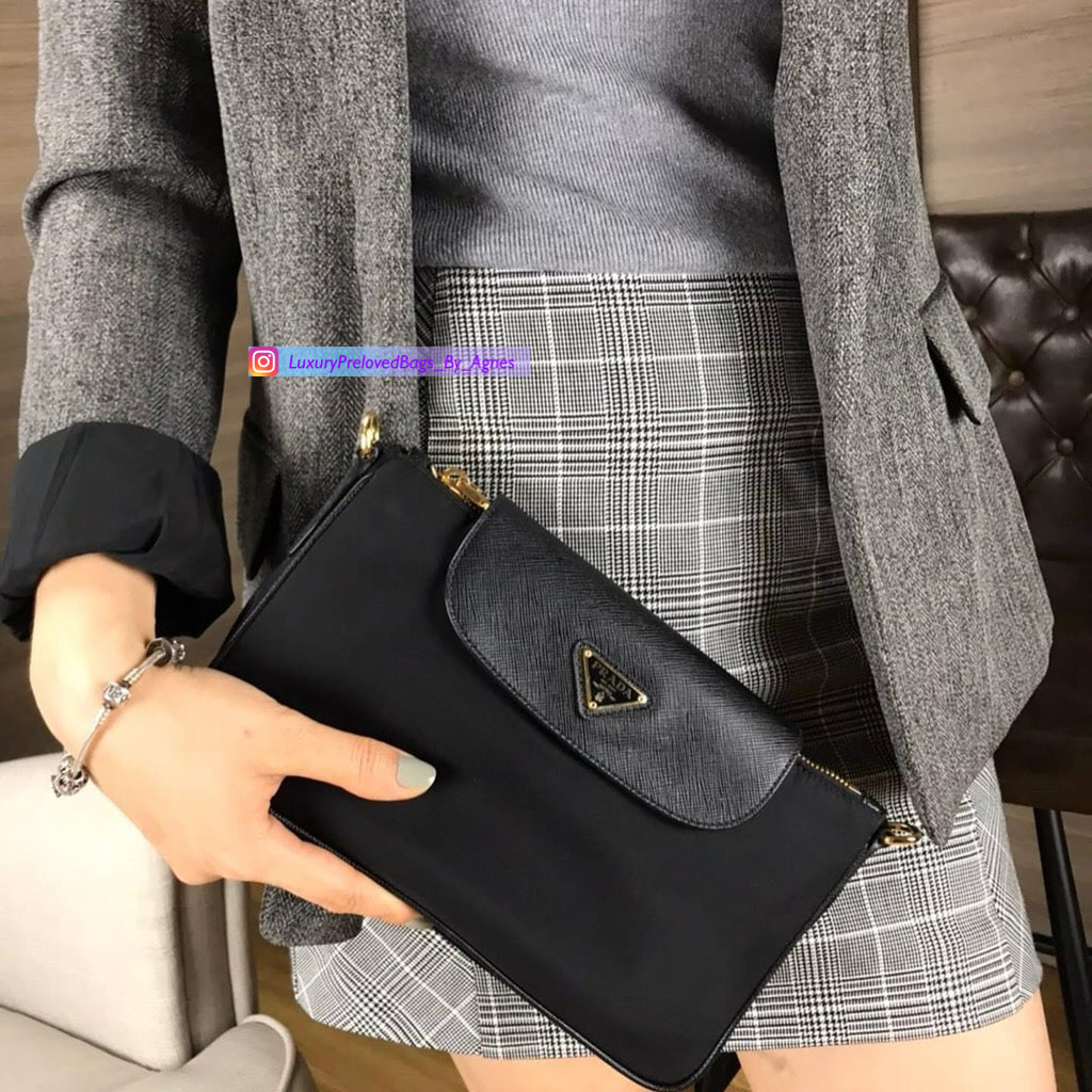 Prada 1BH085 Tessuto Nylon Convertible Clutch Sling Bag