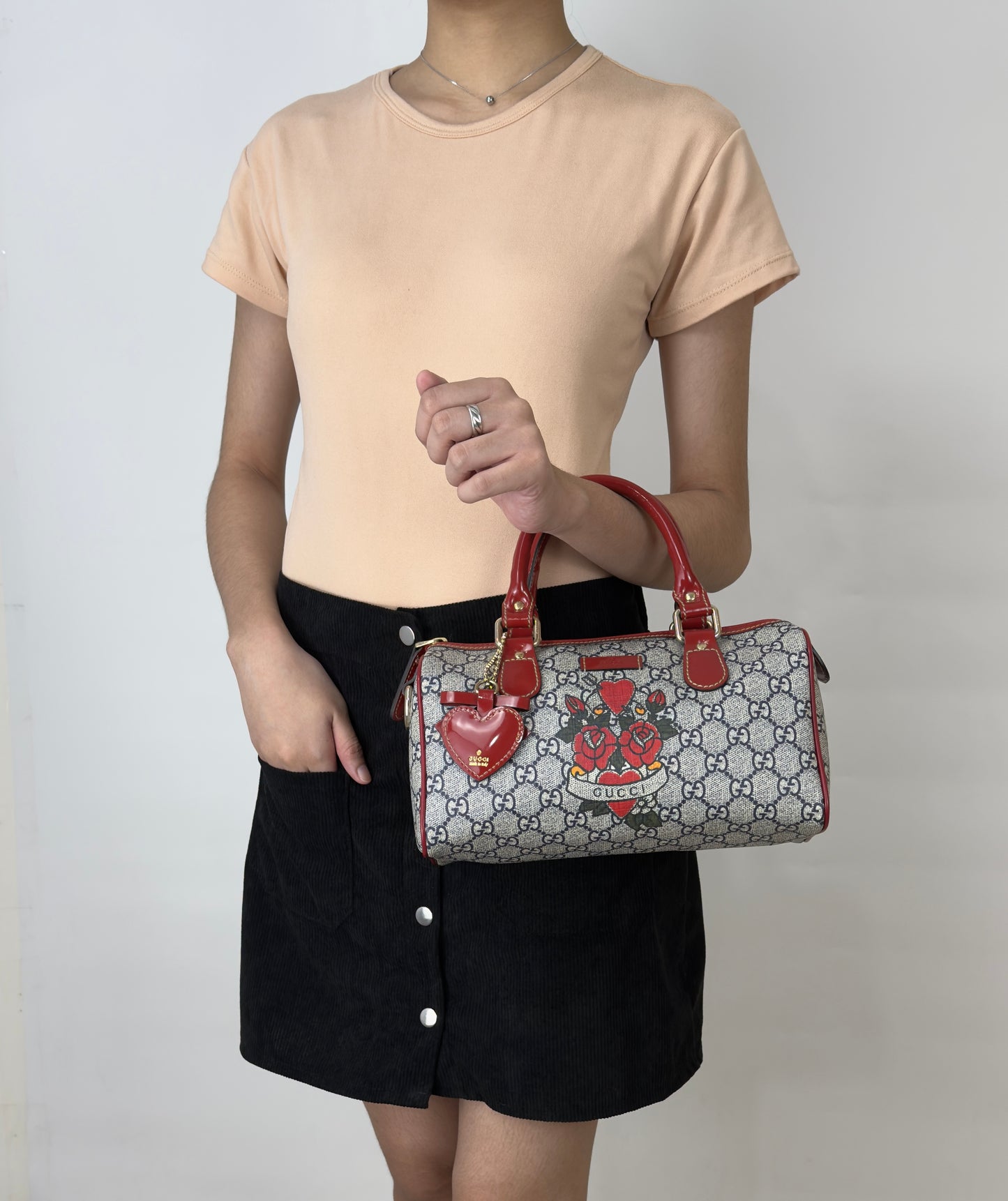 GG Red Coated Canvas Tattoo Heart Joy Boston Bag