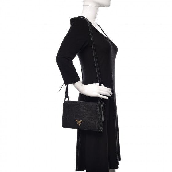 Black Vitello Daino Leather Flap Crossbody Bag with 3 compartments