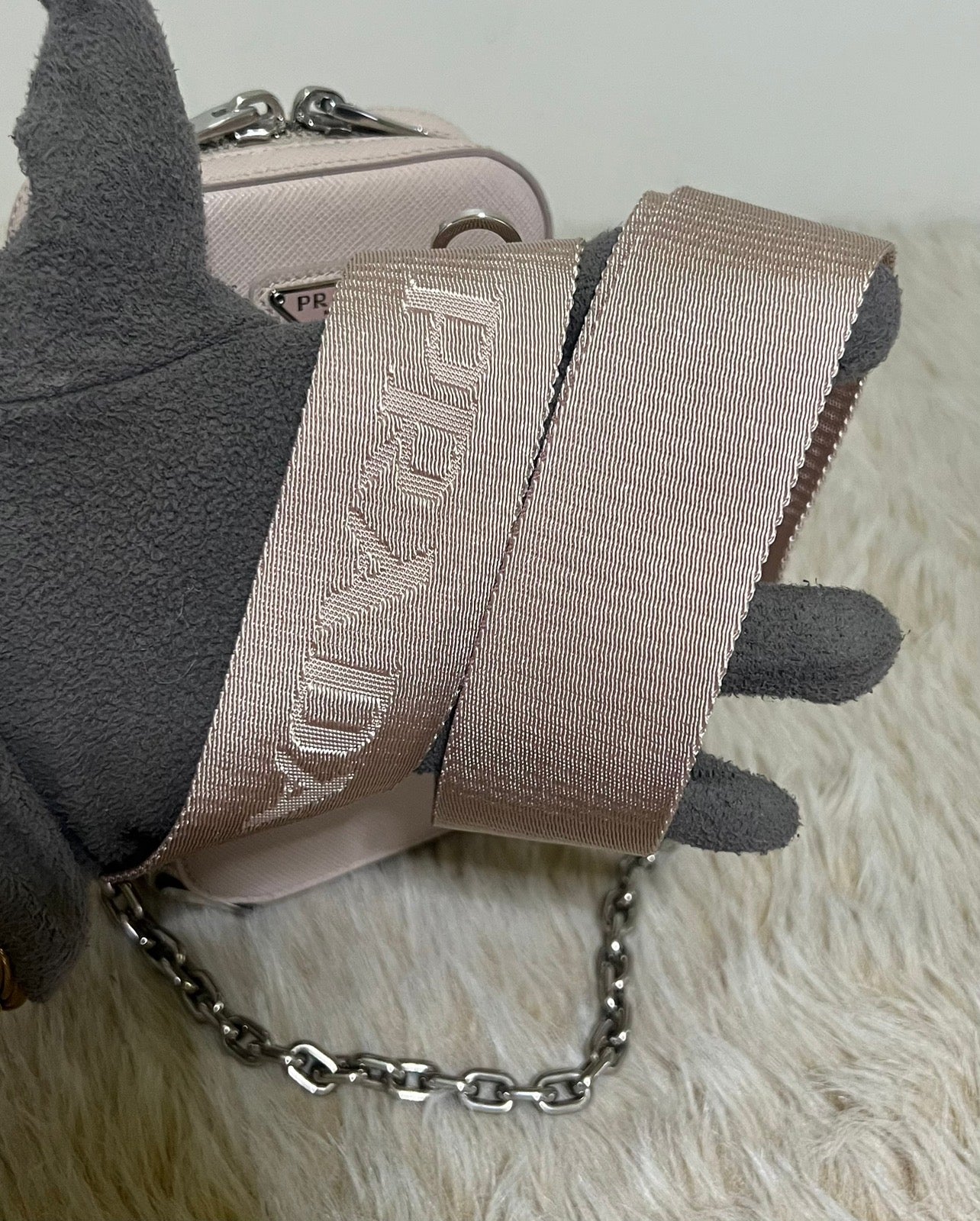 PRADA Mini Ninfea pink leather Saffiano Bag with chain & wide logo strap 1BH183