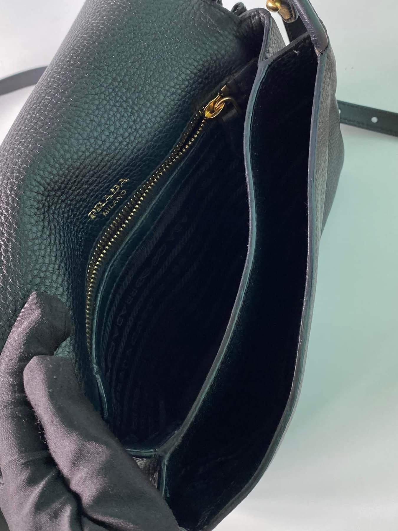 Black Vitello Daino Leather Flap Crossbody Bag with 3 compartments