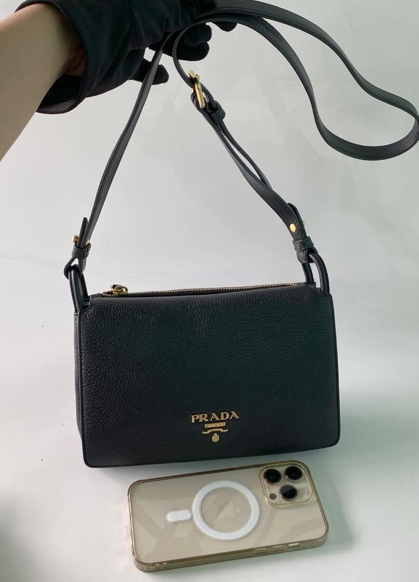 Black Vitello Daino Leather Flap Crossbody Bag with 3 compartments