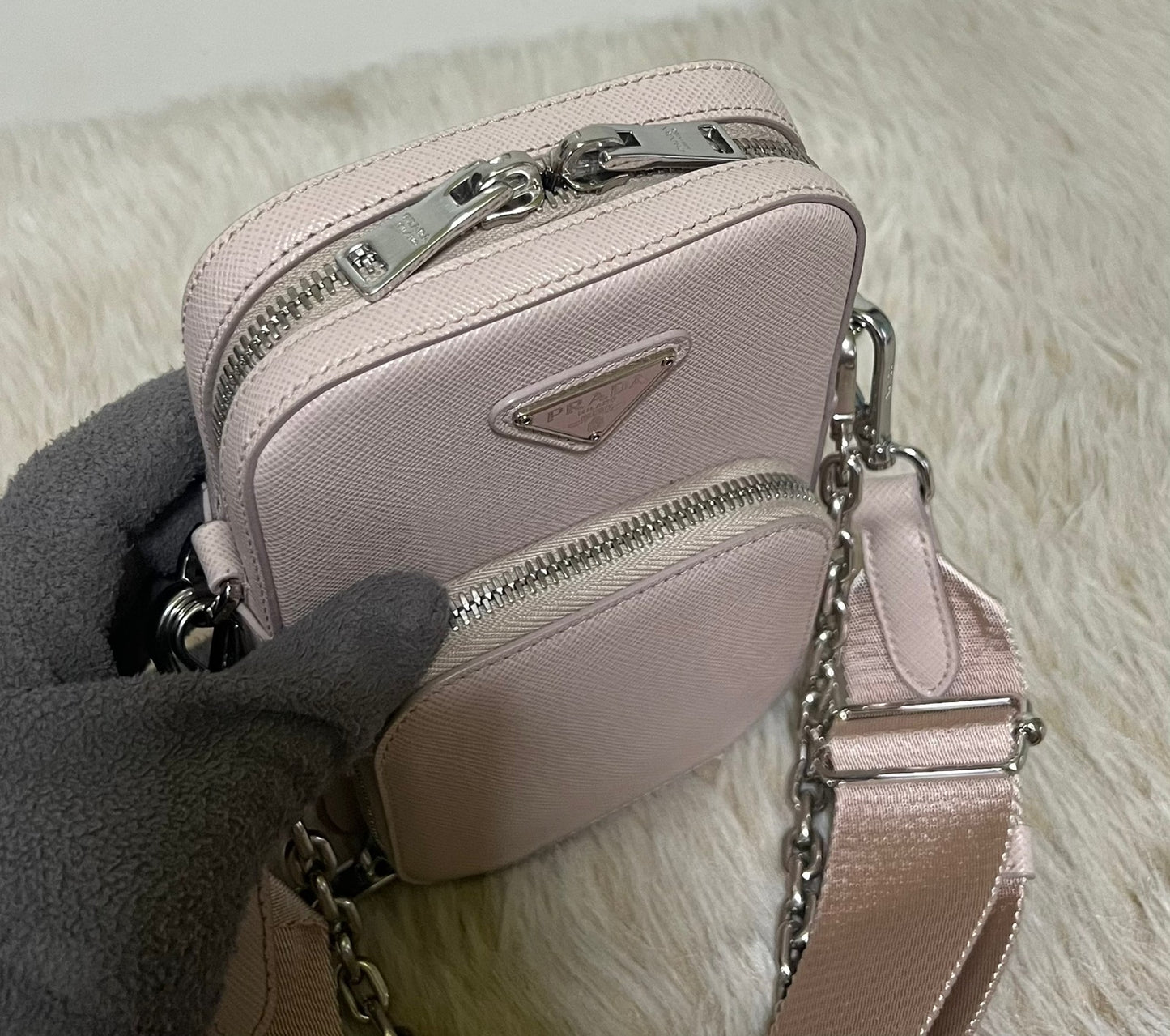 PRADA Mini Ninfea pink leather Saffiano Bag with chain & wide logo strap 1BH183