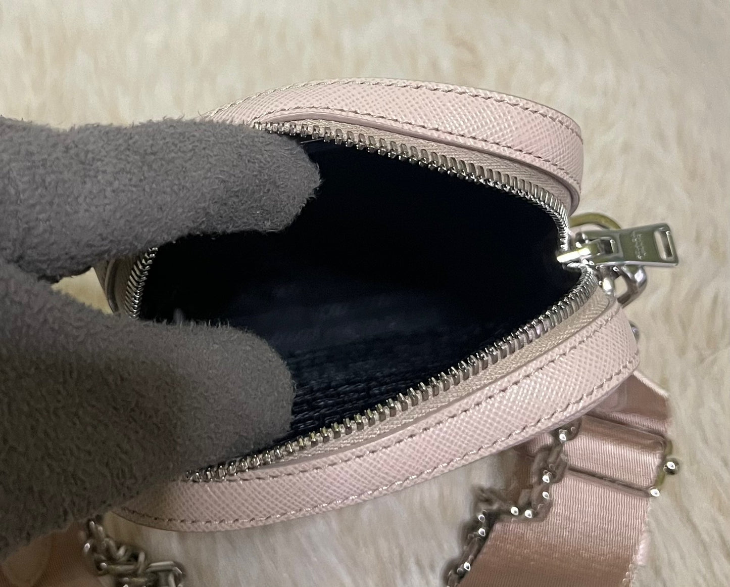 PRADA Mini Ninfea pink leather Saffiano Bag with chain & wide logo strap 1BH183