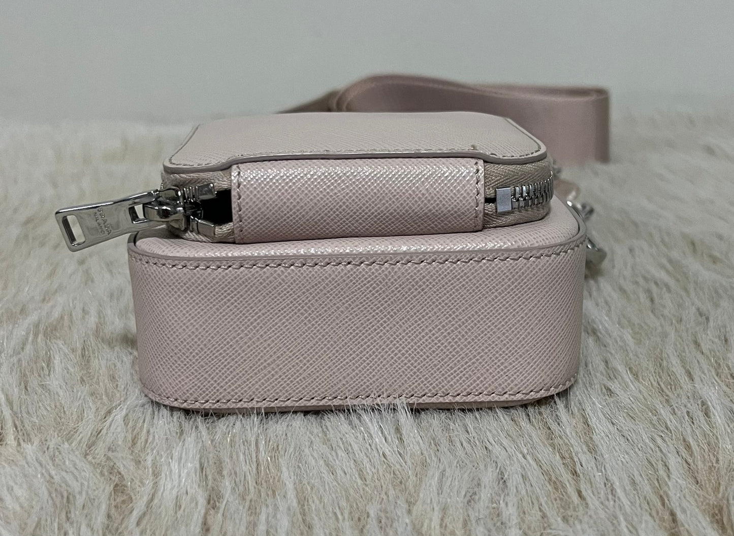 PRADA Mini Ninfea pink leather Saffiano Bag with chain & wide logo strap 1BH183