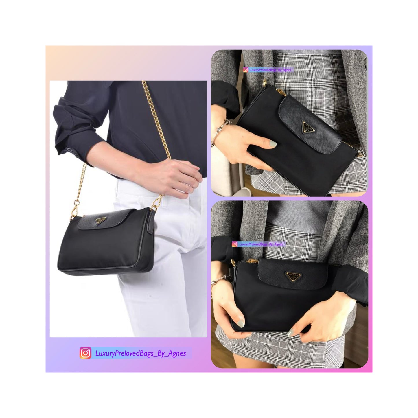 Prada Black Tessuto Nylon Saffiano Chain Crossbody Bag