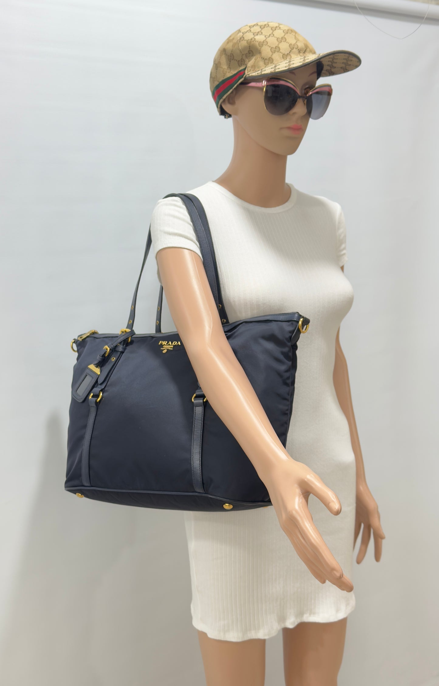 Prada Navy Blue Tessuto Nylon And Saffiano Leather Tote Bag