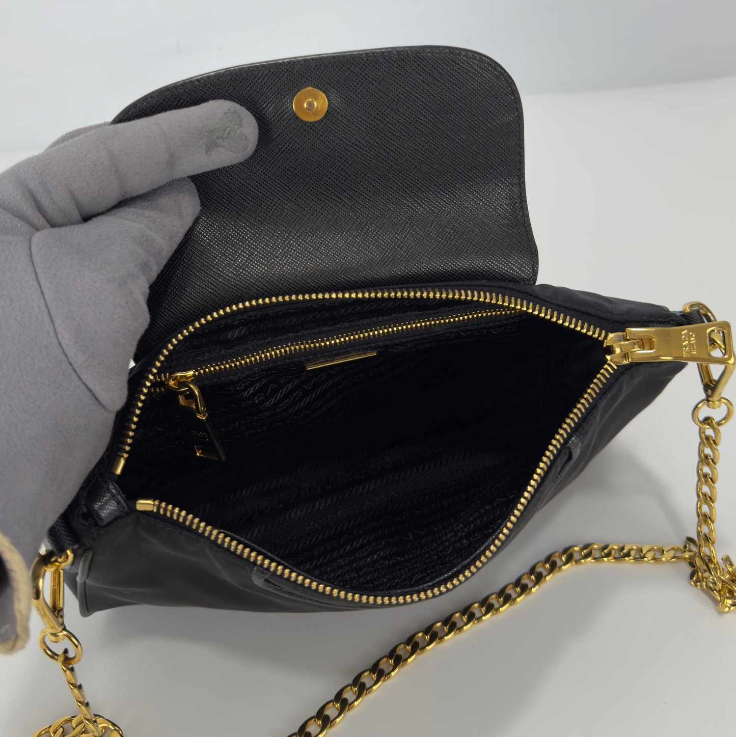 Prada Black Tessuto Nylon Saffiano Chain Crossbody Bag
