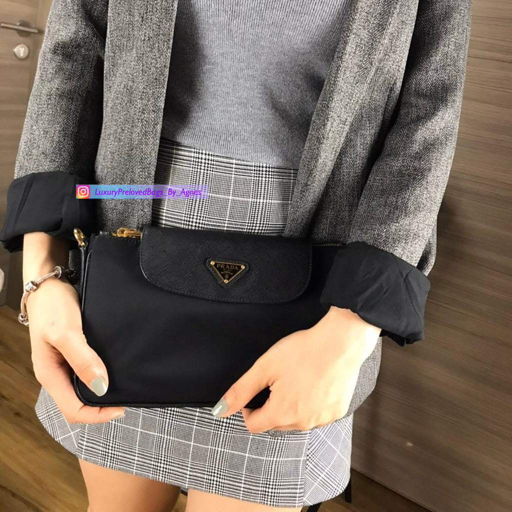 Prada 1BH085 Tessuto Nylon Convertible Clutch Sling Bag