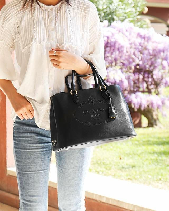 Prada Glace Calfskin Embossed Logo Tote Black