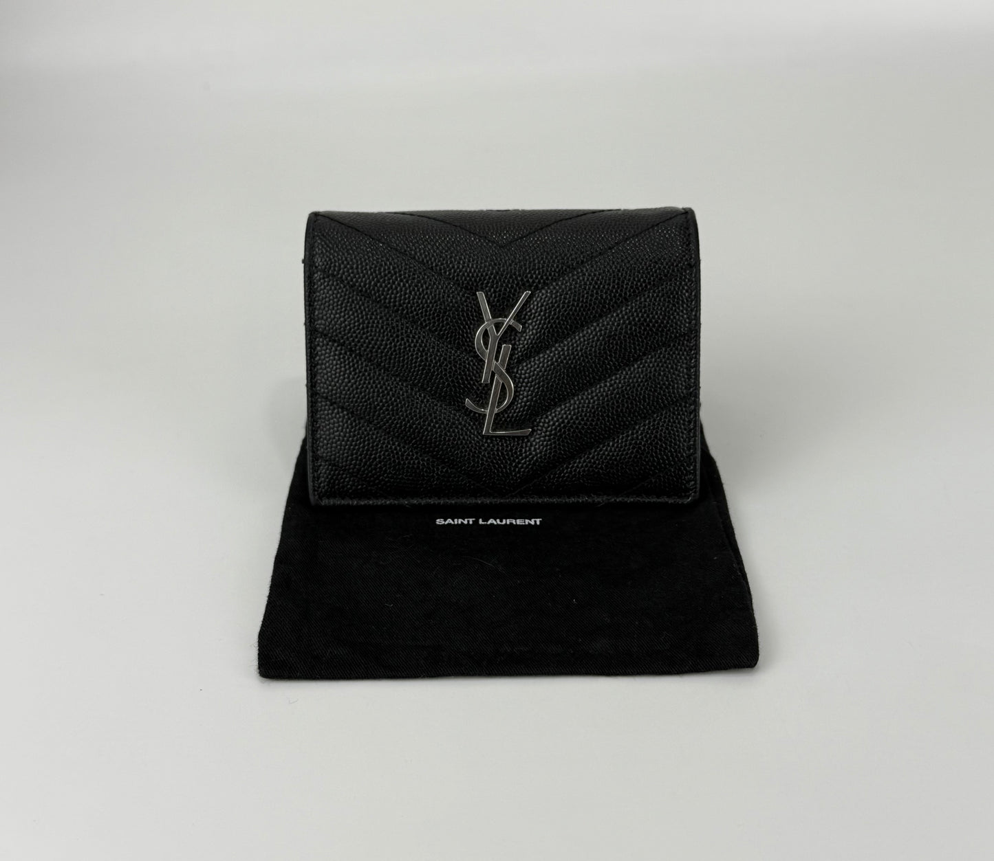 YSL BLACK GRAIN DE POUDRE MONOGRAM BIFOLD WALLET CARD CASE