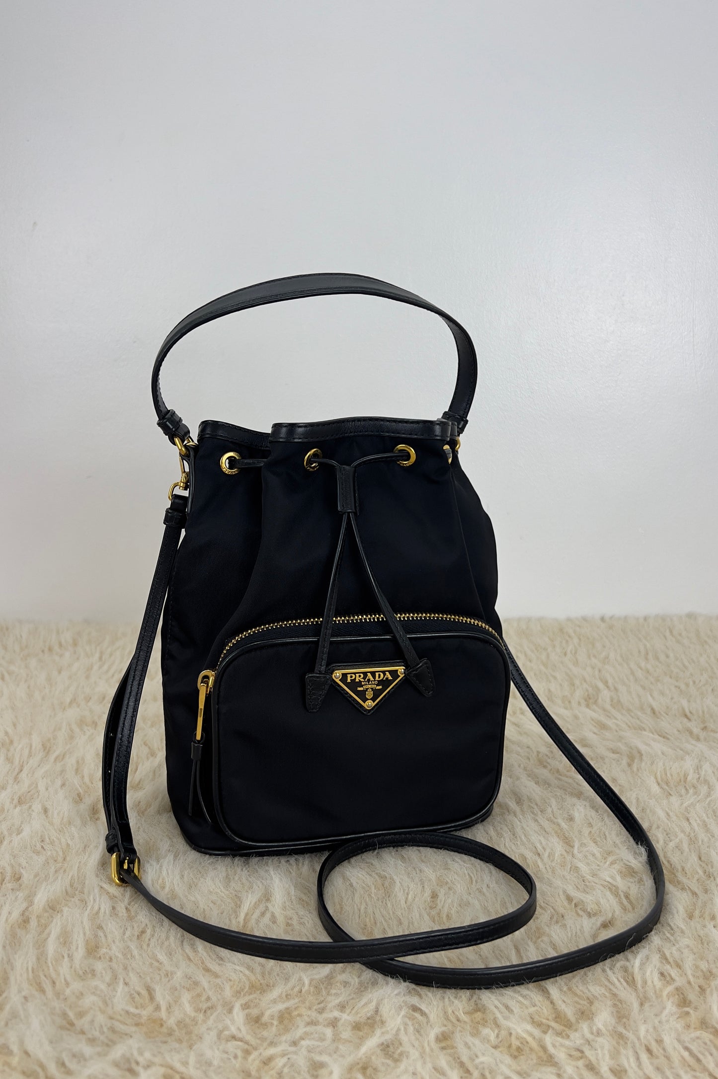 Prada Drawstring Bucket Bag Tessuto