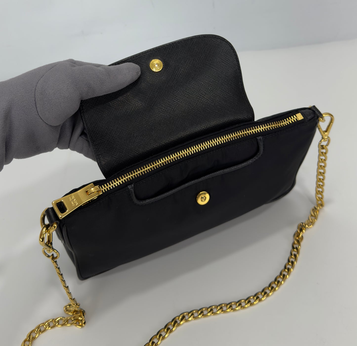 Prada Black Tessuto Nylon Saffiano Chain Crossbody Bag