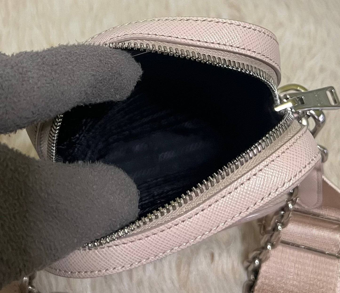 PRADA Mini Ninfea pink leather Saffiano Bag with chain & wide logo strap 1BH183