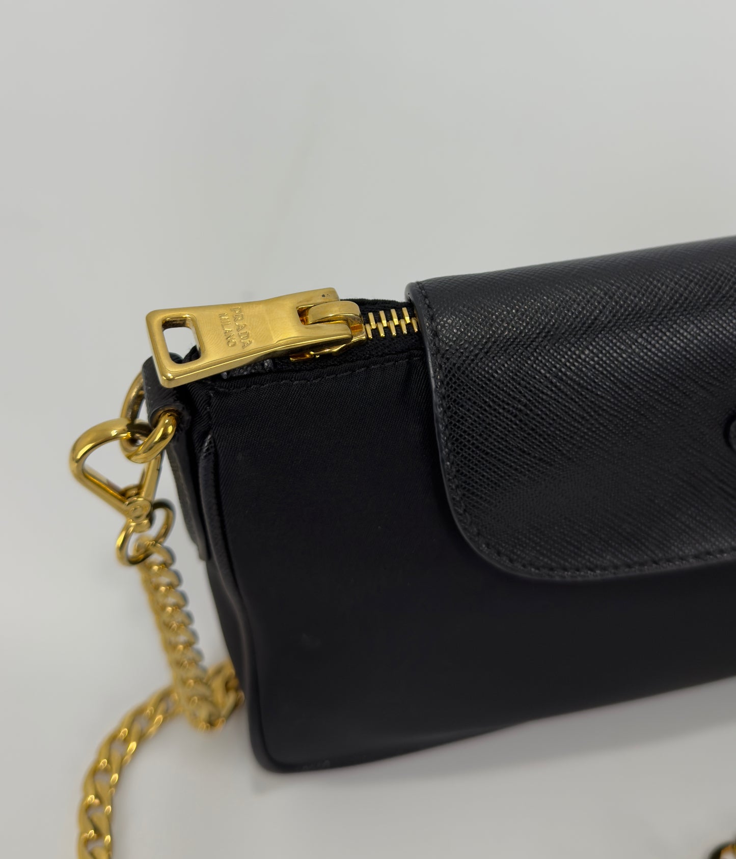 Prada Black Tessuto Nylon Saffiano Chain Crossbody Bag