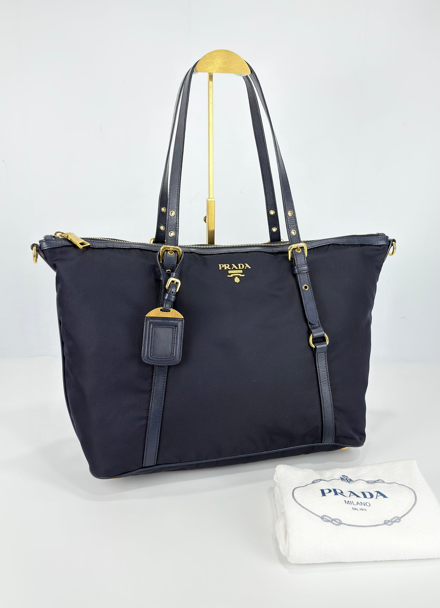 Prada Navy Blue Tessuto Nylon And Saffiano Leather Tote Bag
