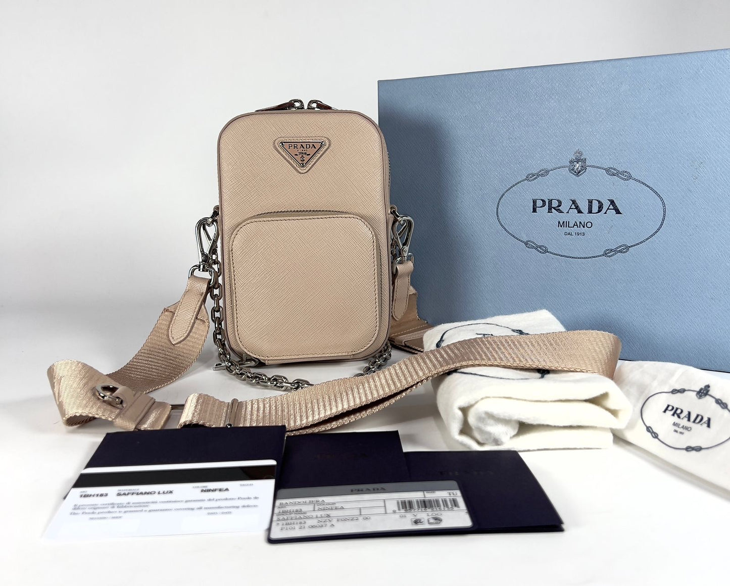 PRADA Mini Ninfea pink leather Saffiano Bag with chain & wide logo strap 1BH183