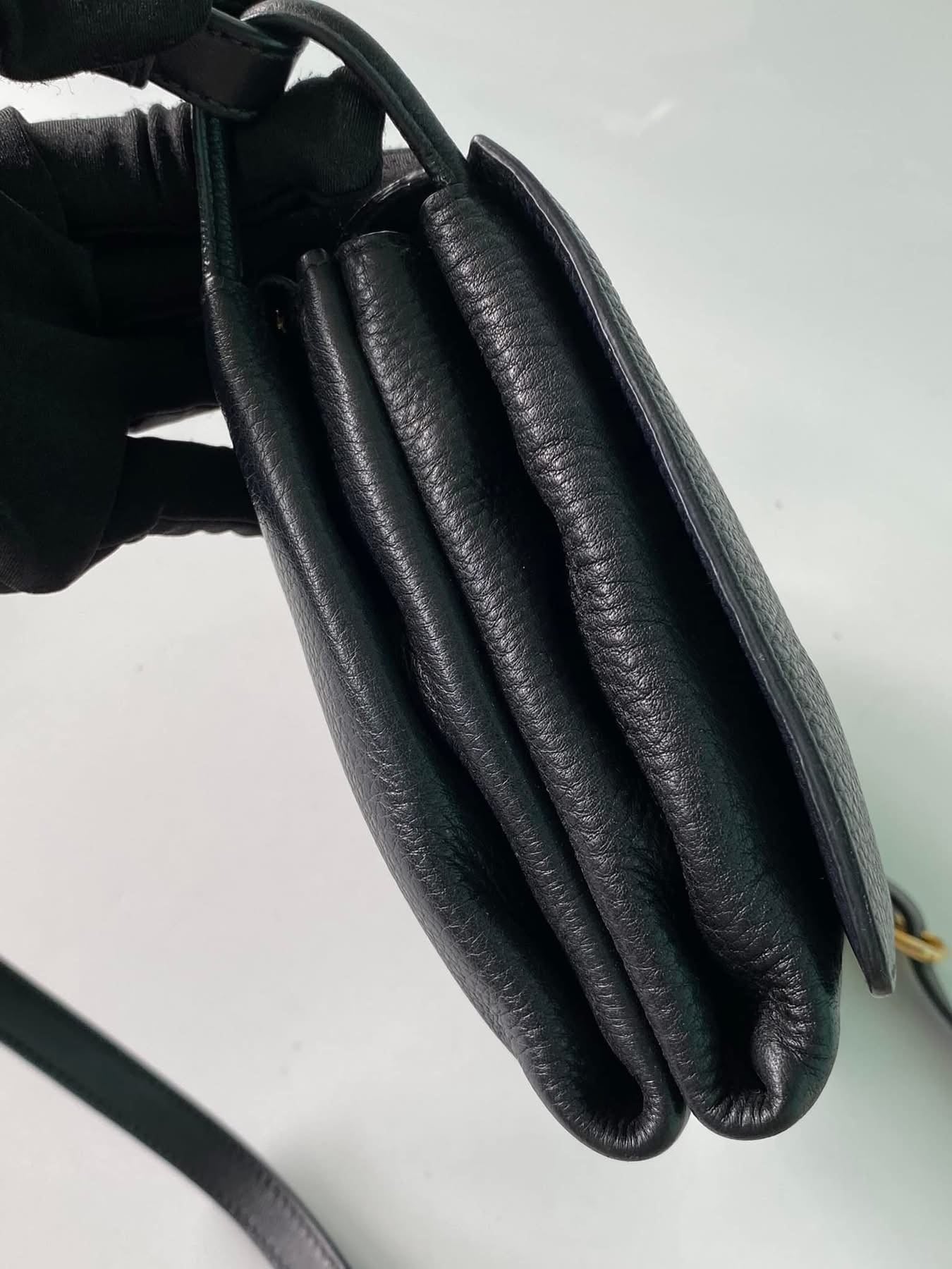 Black Vitello Daino Leather Flap Crossbody Bag with 3 compartments