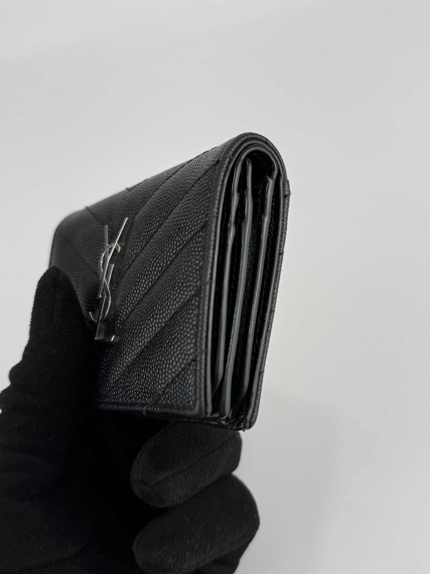 YSL BLACK GRAIN DE POUDRE MONOGRAM BIFOLD WALLET CARD CASE
