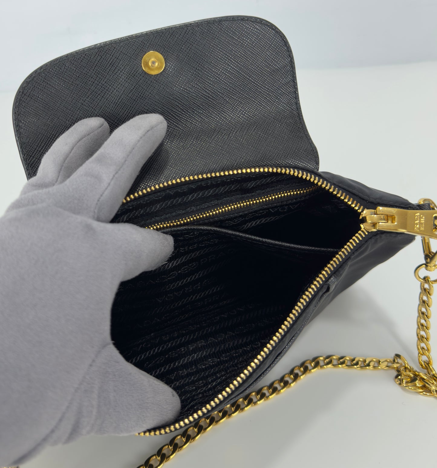 Prada Black Tessuto Nylon Saffiano Chain Crossbody Bag
