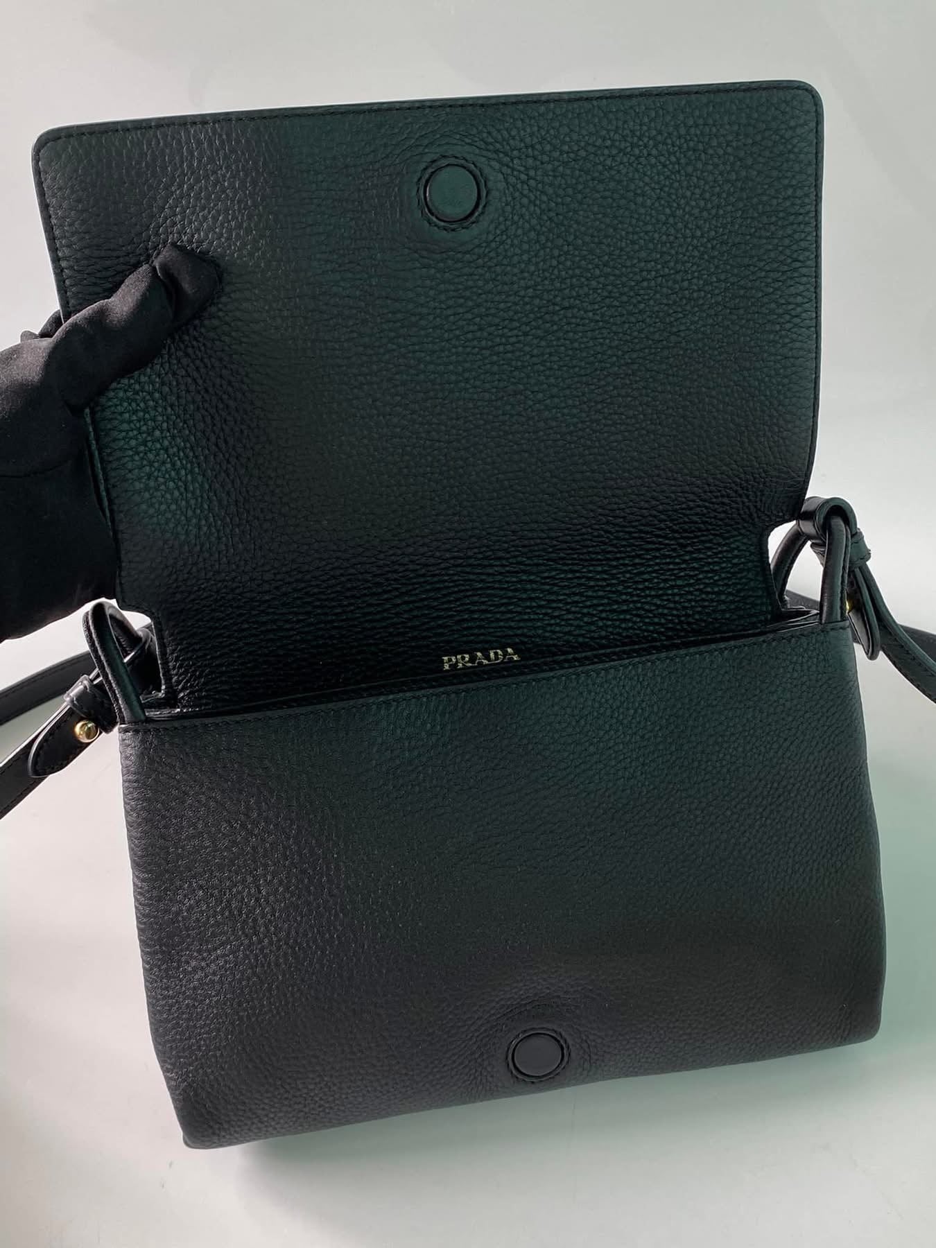 Black Vitello Daino Leather Flap Crossbody Bag with 3 compartments