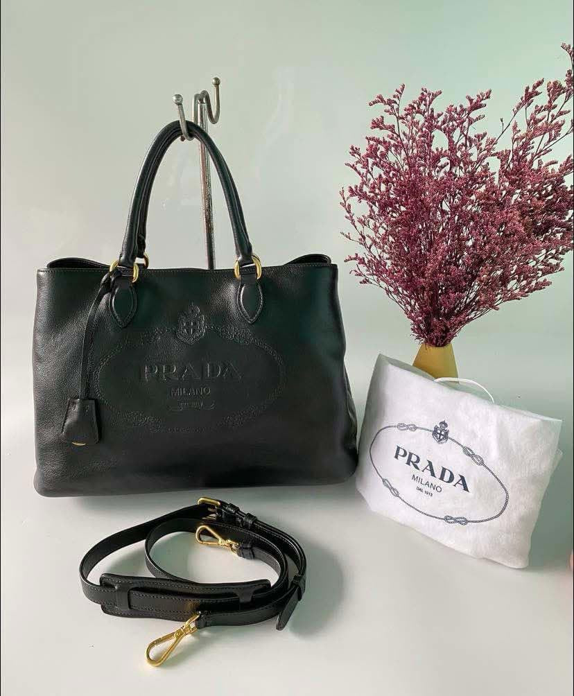Prada Glace Calfskin Embossed Logo Tote Black