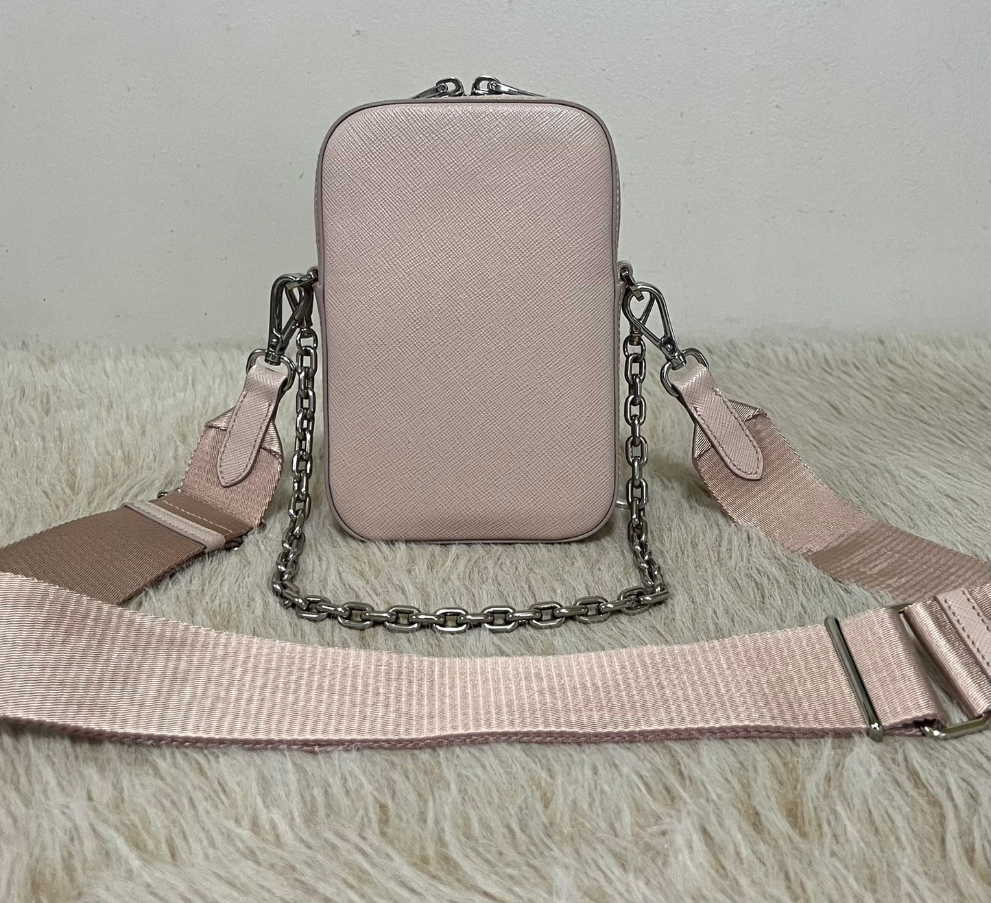 PRADA Mini Ninfea pink leather Saffiano Bag with chain & wide logo strap 1BH183