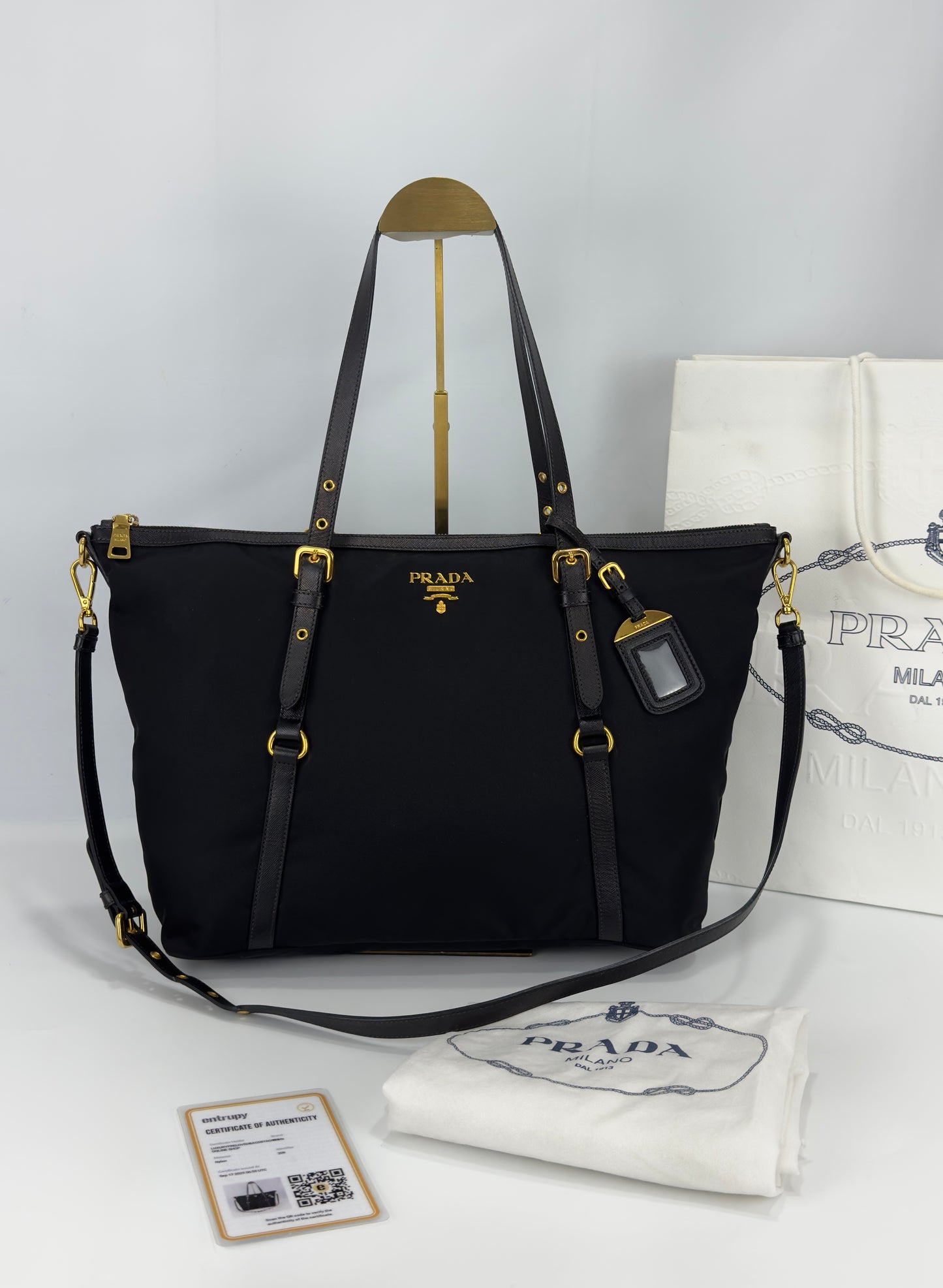 Prada Black Tessuto Nylon And Saffiano Leather Tote Bag