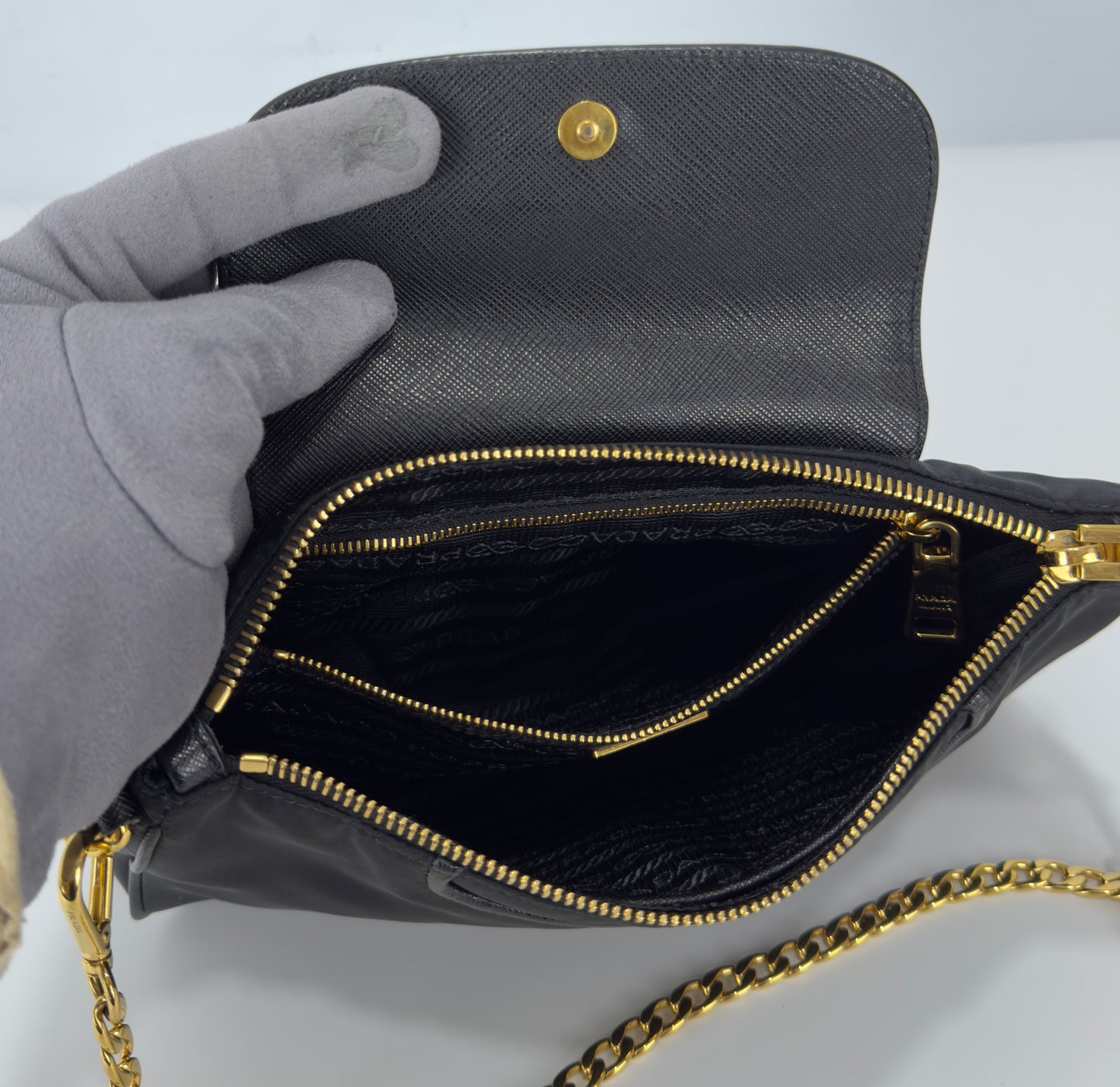 Prada Black Tessuto Nylon Saffiano Chain Crossbody Bag
