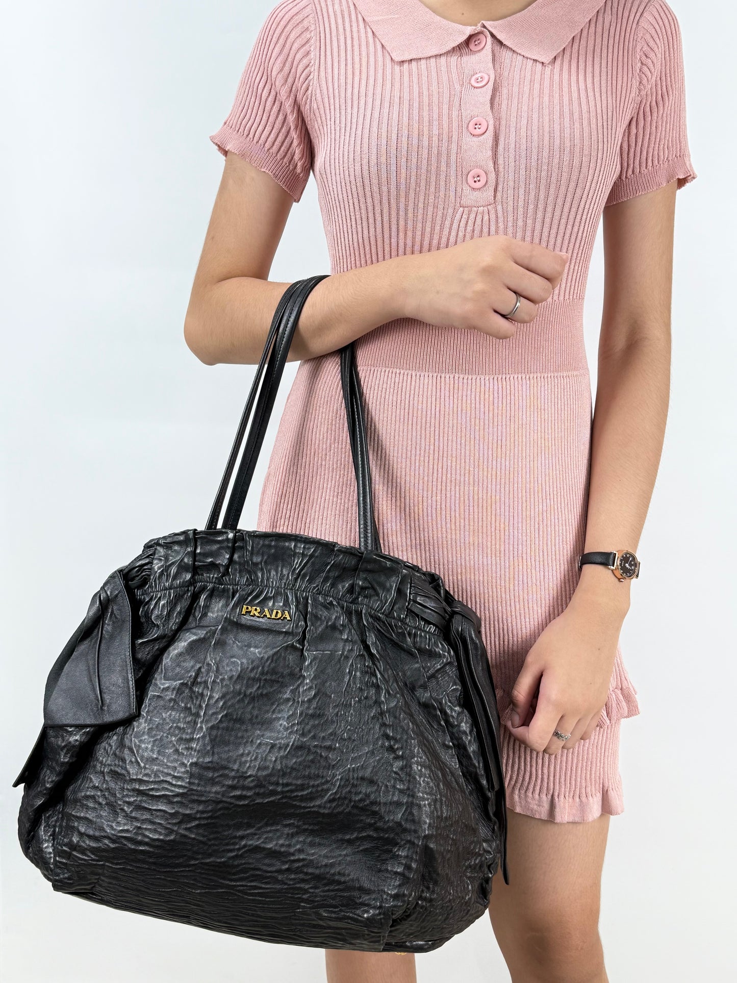 Prada Black Bow Lambskin Leather Satchel