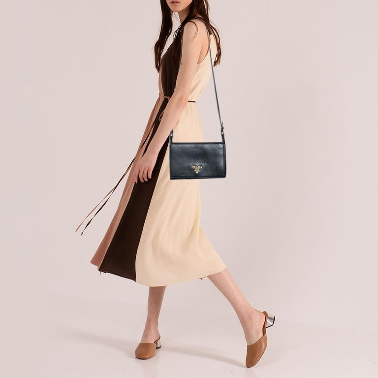 Black Vitello Daino Leather Flap Crossbody Bag with 3 compartments