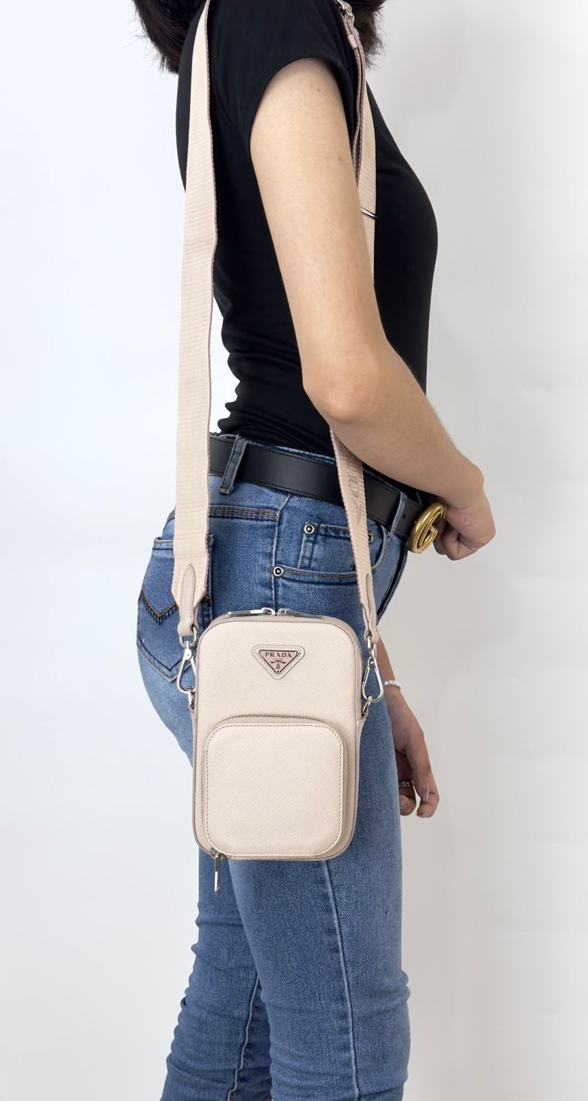 PRADA Mini Ninfea pink leather Saffiano Bag with chain & wide logo strap 1BH183