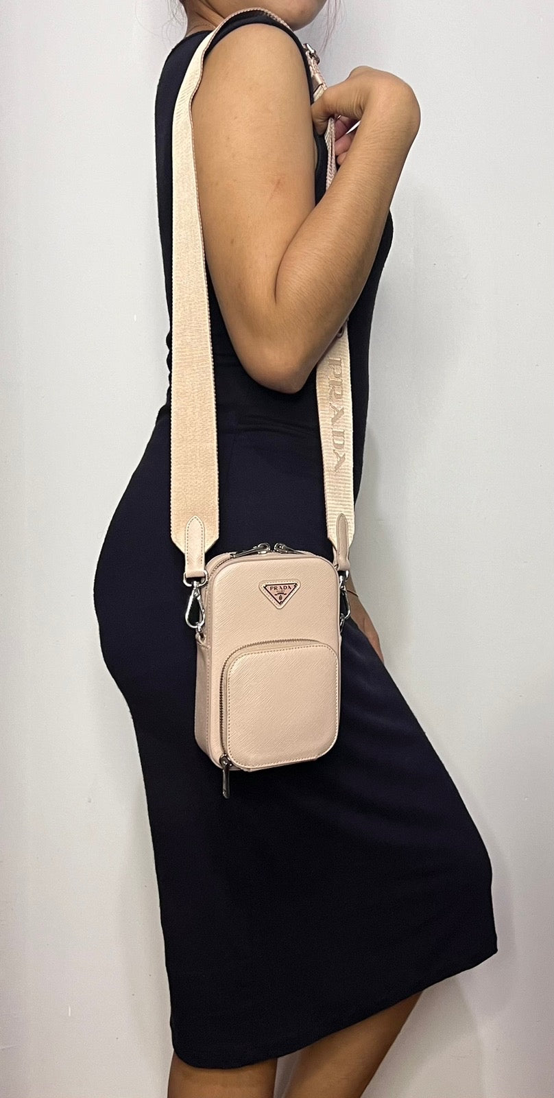 PRADA Mini Ninfea pink leather Saffiano Bag with chain & wide logo strap 1BH183