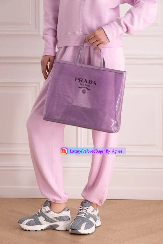 Prada Mesh Paillettes Spazzolato Logo Shopping Tote Lilium